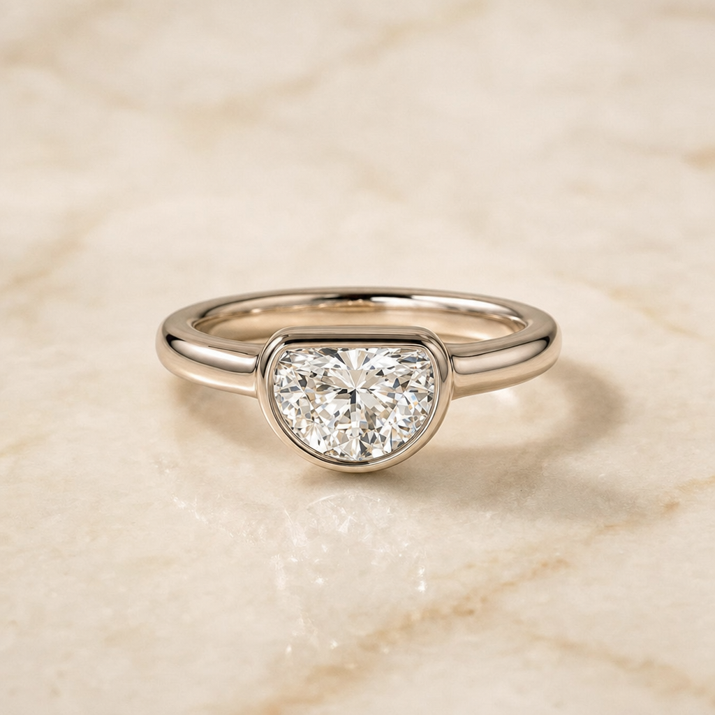 The Agnes Bezel Solitaire In Half Moon Engagement Ring Setting in Platinum