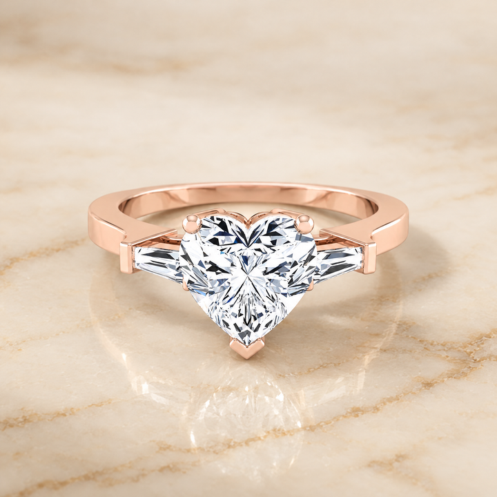The June Three Stone Heart Engagement Ring Setting in 14K Rose Gold