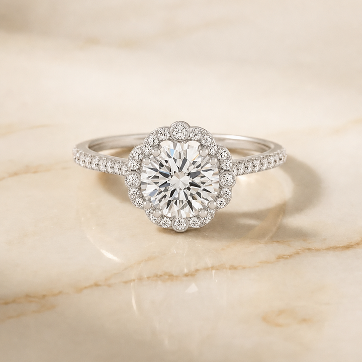 The Florence Vintage Scalloped Halo Round Engagement Ring Setting in Platinum