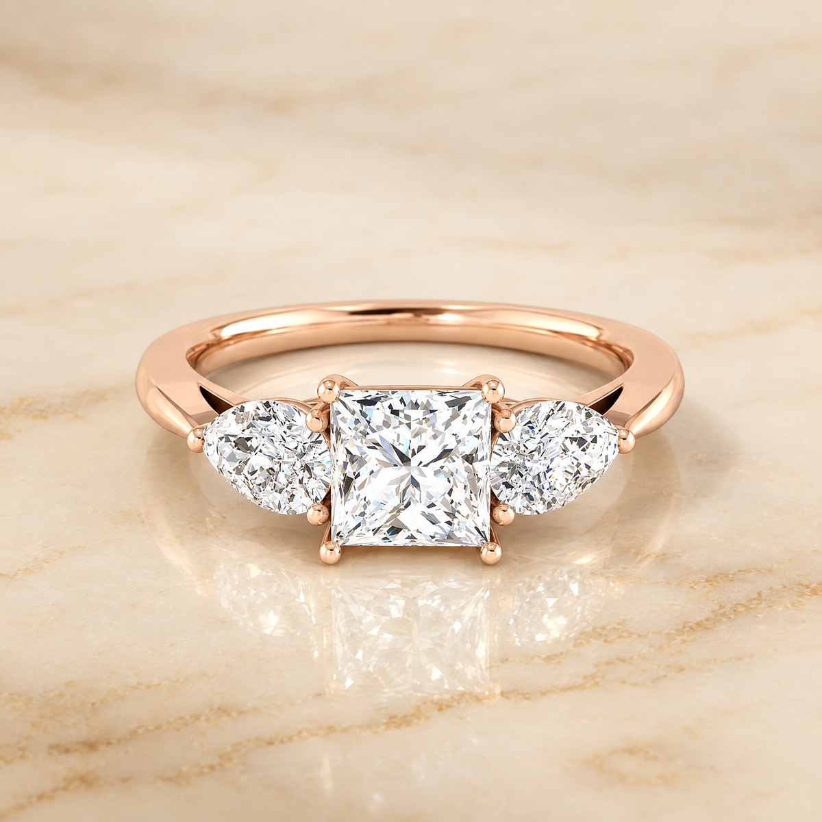 The Angelica Three Stone Matched Princess Cut Engagement Ring Setting in 14K Rose Gold