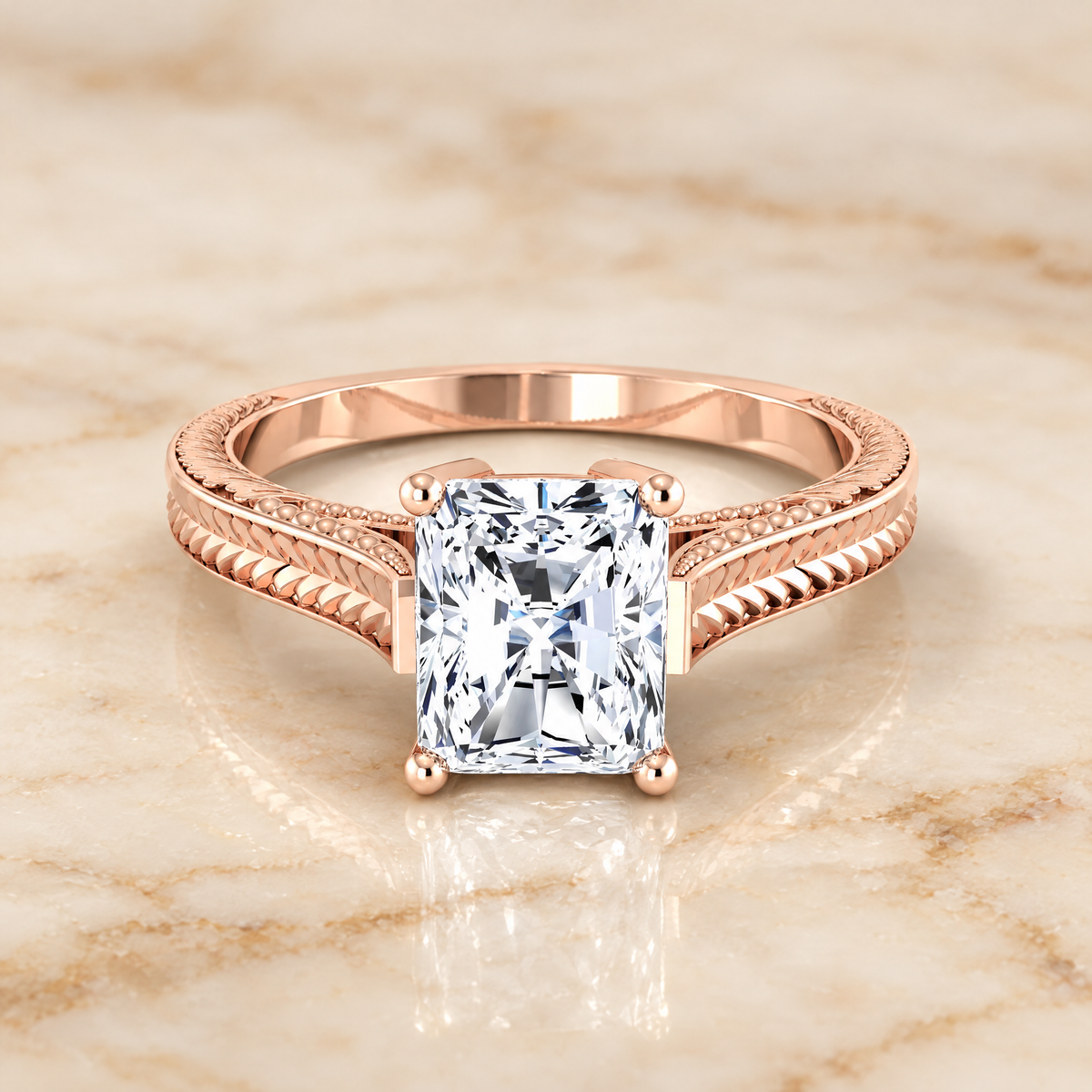 The Aida Hand Engraved Vintage Cathedral Solitaire Radiant Cut Engagement Ring Setting in 14K Rose Gold