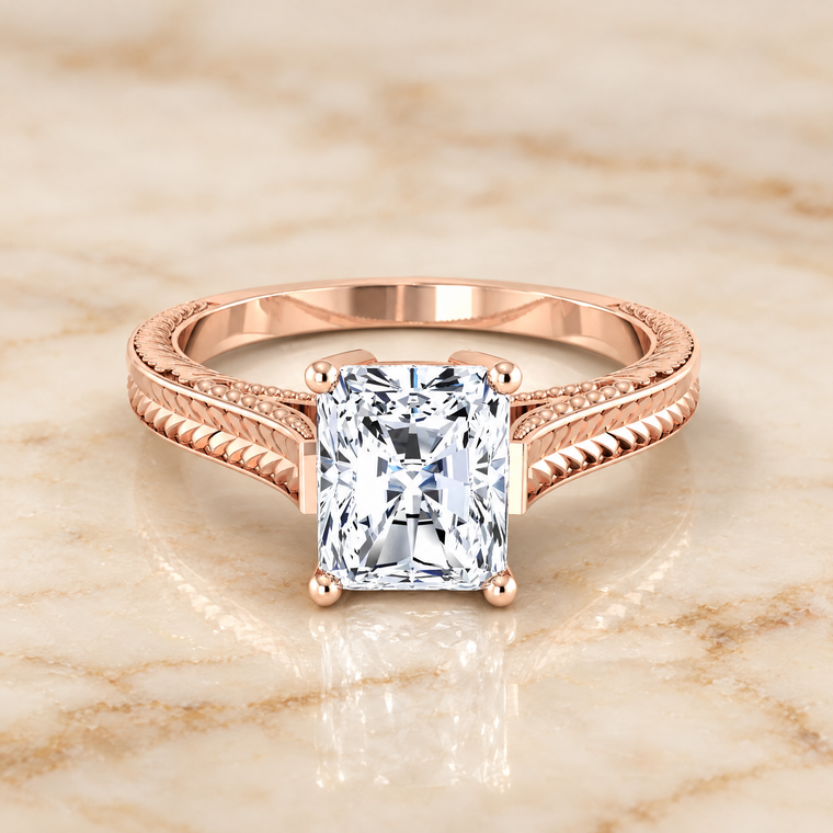 The Aida Hand Engraved Vintage Cathedral Solitaire Radiant Cut Engagement Ring Setting in 14K Rose Gold