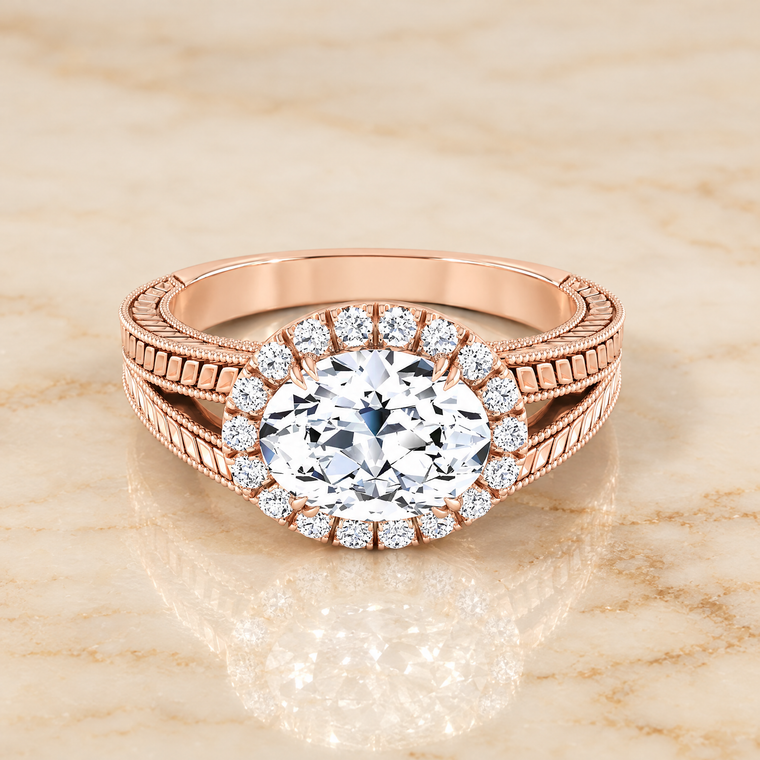 The Ramona Vintage Wheat Engraved Halo Oval Engagement Ring Setting in 14K Rose Gold