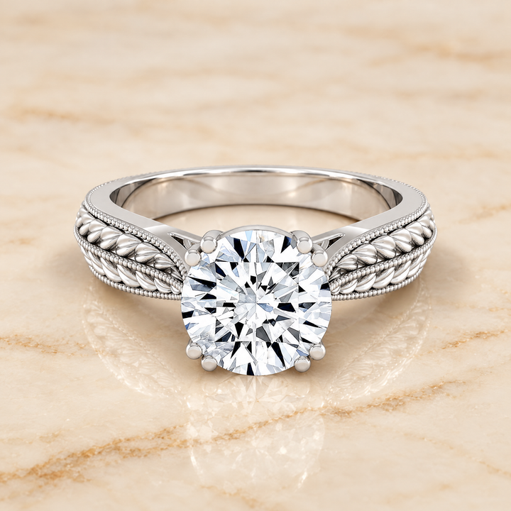 The Ophelia Antique Wheat Bead Solitaire Round Engagement Ring Setting in 18K White Gold