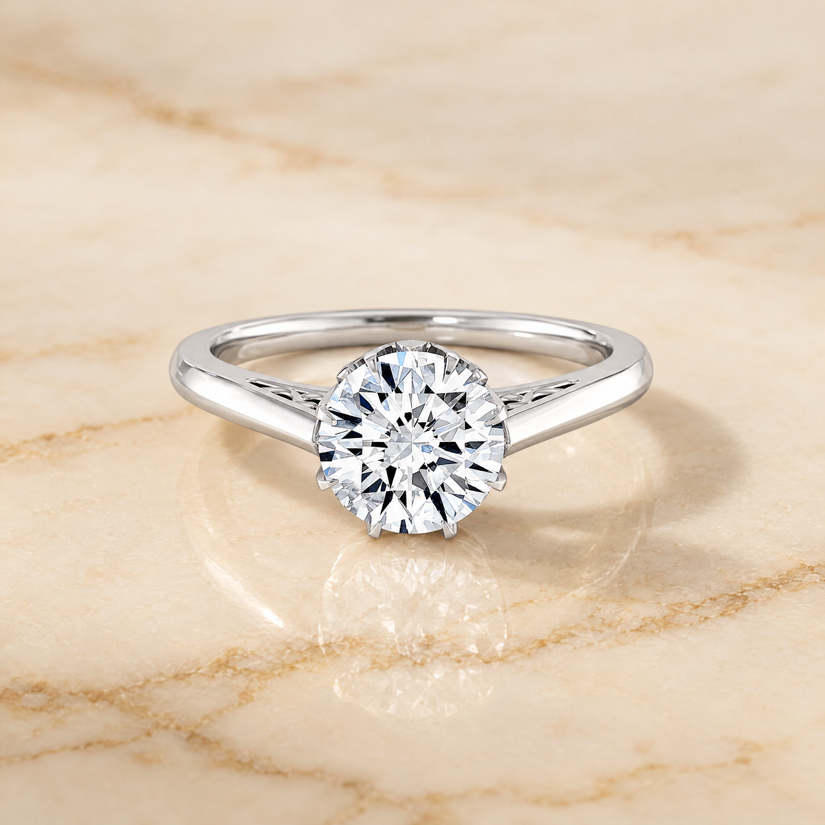 The Natalia Antique Scroll Gallery East West Solitaire Round Engagement Ring Setting in 18K White Gold