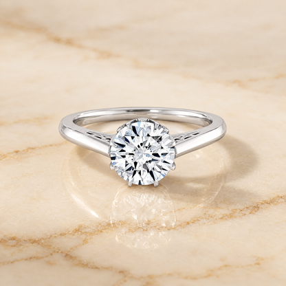 The Natalia Antique Scroll Gallery East West Solitaire Round Engagement Ring Setting in 18K White Gold