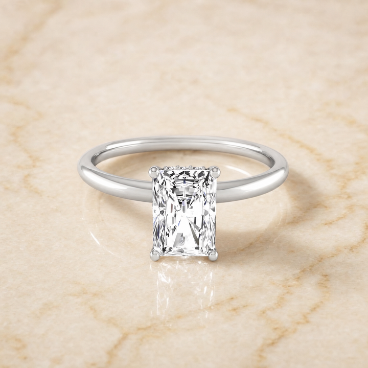 The Dolly Double Hidden Halo Solitaire Radiant Cut Engagement Ring Setting in 18K White Gold