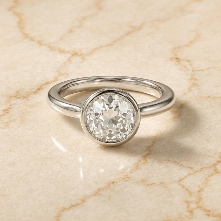 The Agnes Bezel Solitaire In Old European Engagement Ring Setting in Platinum
