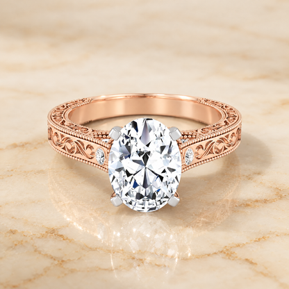 The Stella Antique Hand Engraved Solitaire Oval Engagement Ring Setting in 14K Rose Gold