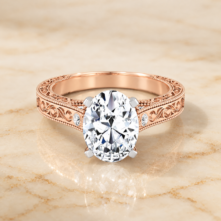 The Stella Antique Hand Engraved Solitaire Oval Engagement Ring Setting in 14K Rose Gold