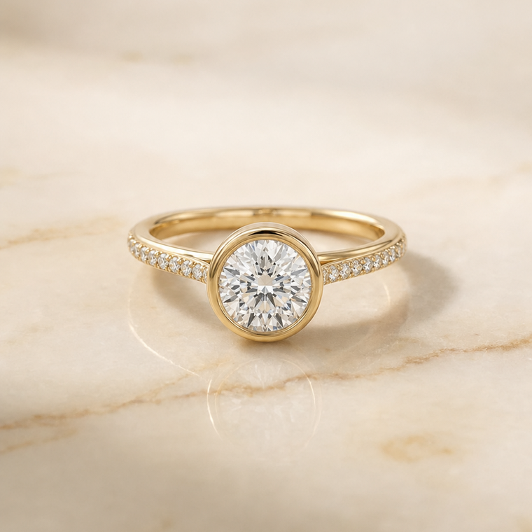 The Cappella Select Linear Bezel Pavé Round Lab Diamond Engagement Ring in 18K Yellow Gold