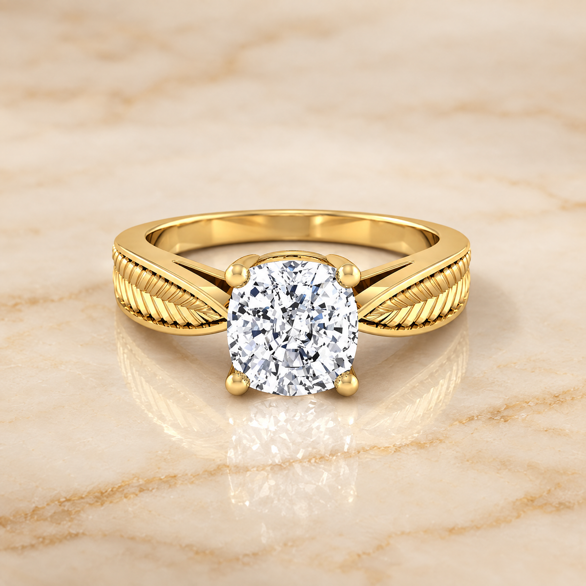The Roberta Vintage Leaf Pattern Solitaire Cushion Cut Engagement Ring Setting in 18K Yellow Gold