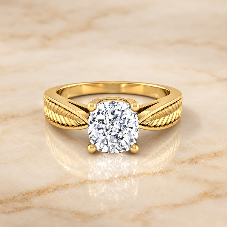 The Roberta Vintage Leaf Pattern Solitaire Cushion Cut Engagement Ring Setting in 18K Yellow Gold