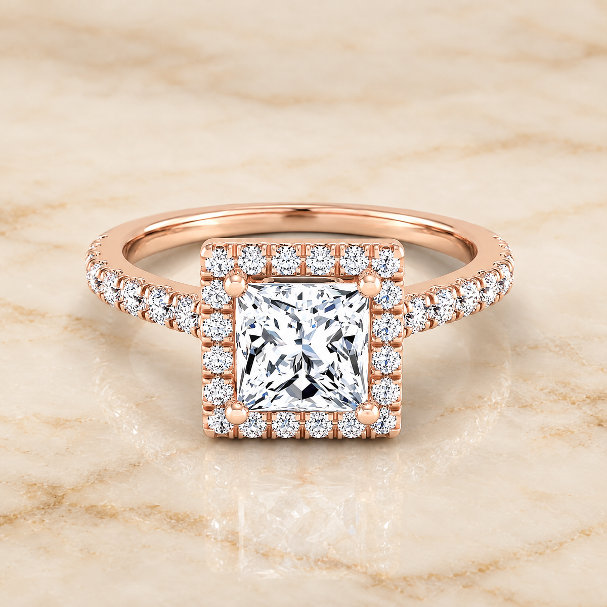 The Allegra Shared Prong Pavé Halo Princess Cut Engagement Ring Setting in 14K Rose Gold