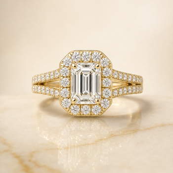 The Lira French Pavé Split Shank Halo Emerald Cut Engagement Ring Setting in 18K Yellow Gold
