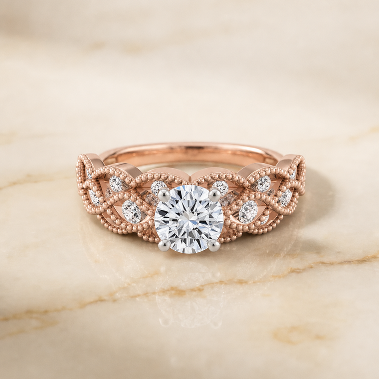 The Mae Select Vintage Beaded Solitaire Round Lab Diamond Engagement Ring in 14K Rose Gold