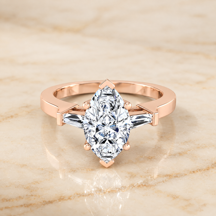 The June Three Stone Marquise Engagement Ring Setting in 14K Rose Gold