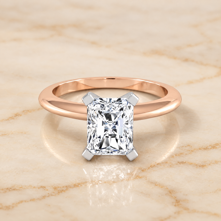 The Lolette Classic Low Base Solitaire Radiant Cut Engagement Ring Setting in 14K Rose Gold