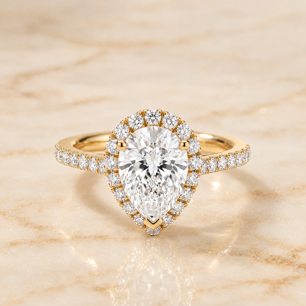 Pear engagement ring setting in 18K Yellow Gold, Dylan Petite French Pavé Halo Pear | RockHer