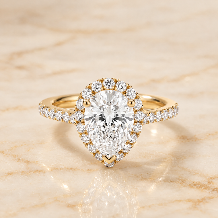 The Dylan Petite French Pavé Halo Pear Engagement Ring Setting in 18K Yellow Gold