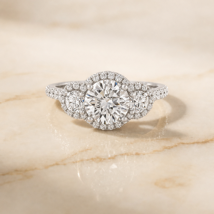 The Andrea Three Stone Halo Round Engagement Ring Setting in 18K White Gold