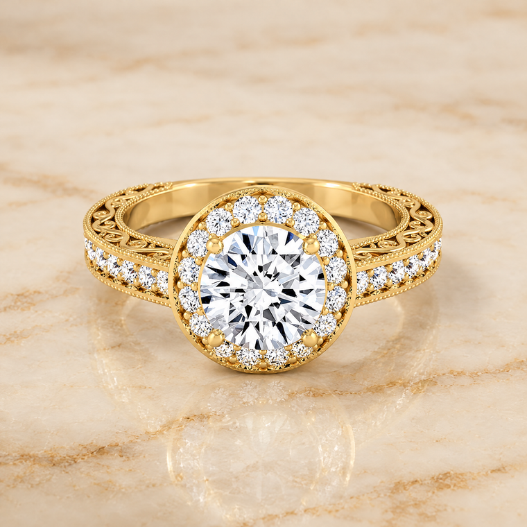 The Talea Hand Engraved Milgrain Halo Round Engagement Ring Setting in 18K Yellow Gold