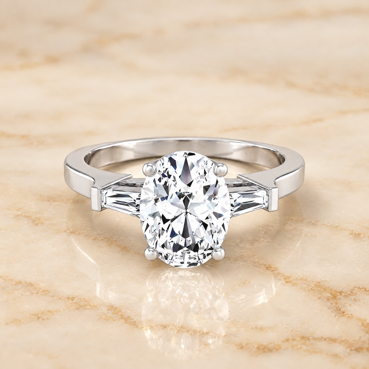 The June Three Stone Oval Engagement Ring Setting in 18K White Gold