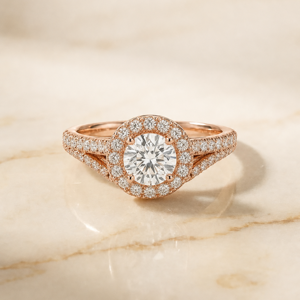 The Billie Prong Halo Split Shank Cushion Cut Engagement Ring Setting in 14K Rose Gold