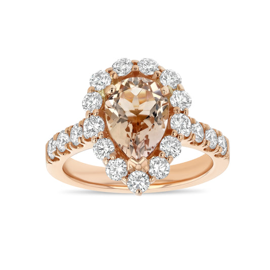 Morganite Pear Shape Halo Engagement Ring 14k Rose Gold 1.33ctw