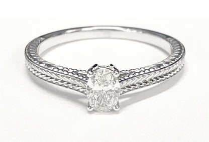 Hand-Engraved Vintage Cathedral Solitaire Oval, in 18K White Gold, prong setting – lifestyle shot | RockHer