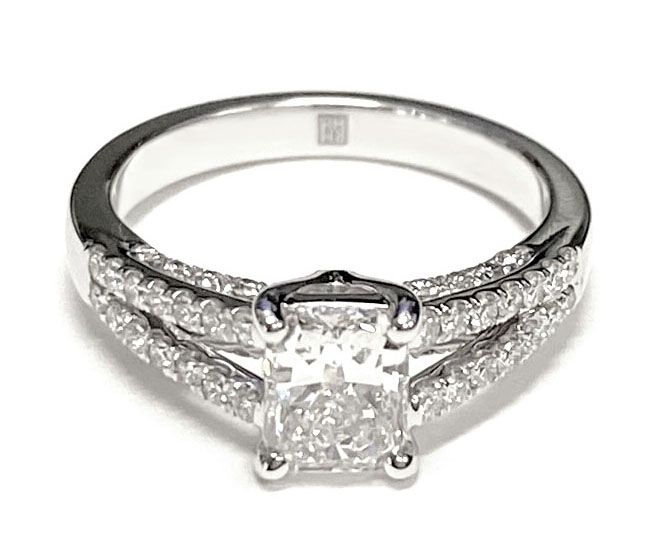 Detail styling of The Jessie radiant engagement ring setting in Platinum | RockHer