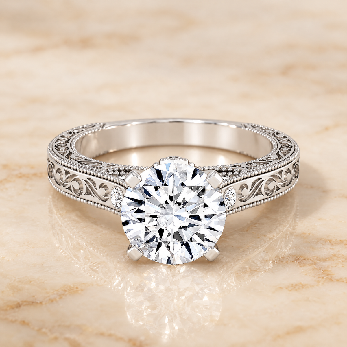 The Stella Antique Hand Engraved Solitaire Round Engagement Ring Setting in Platinum