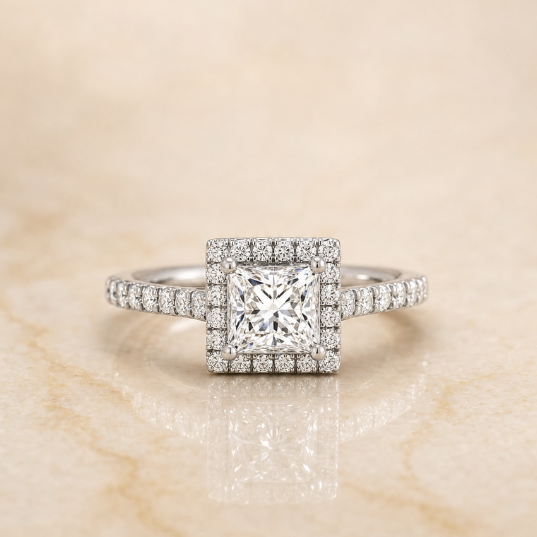 The Allegra Select Pav Halo Princess Cut Lab Diamond Engagement Ring in 18K White Gold