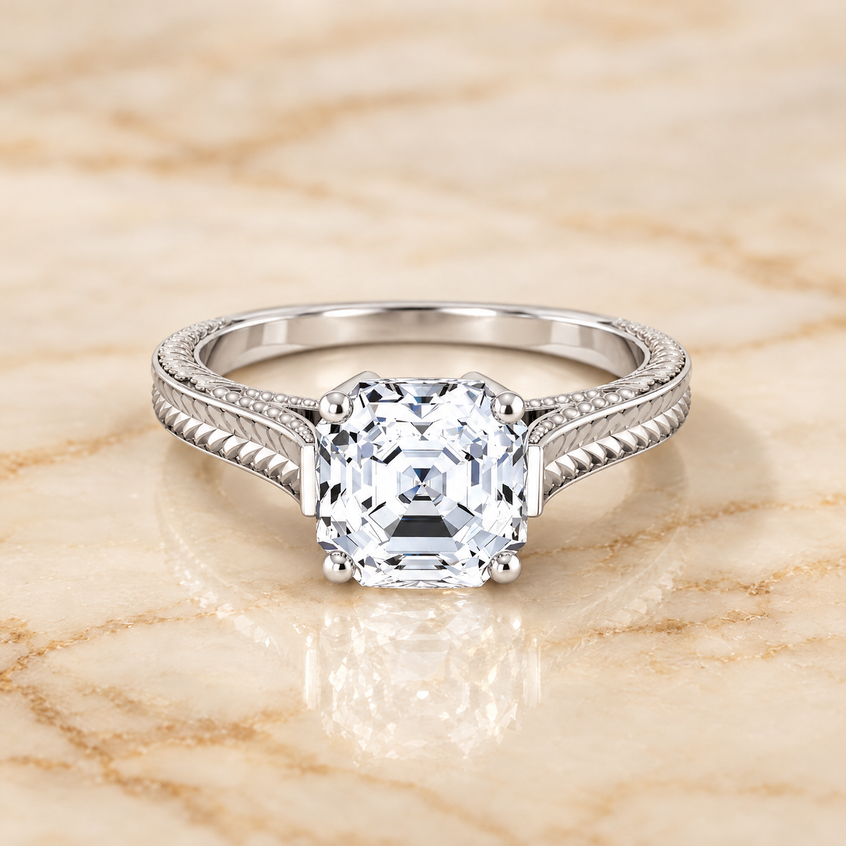 The Aida Hand Engraved Vintage Cathedral Solitaire Asscher Cut Engagement Ring Setting in Platinum