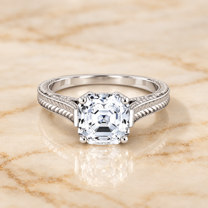 The Aida Hand Engraved Vintage Cathedral Solitaire Asscher Cut Engagement Ring Setting in Platinum
