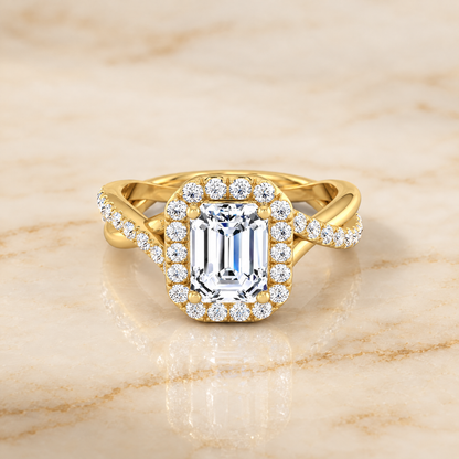 The Harmony Twisted Vine Halo Emerald Cut Engagement Ring Setting in 18K Yellow Gold