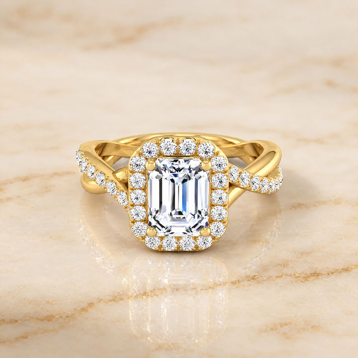 The Harmony Twisted Vine Halo Emerald Cut Engagement Ring Setting in 18K Yellow Gold