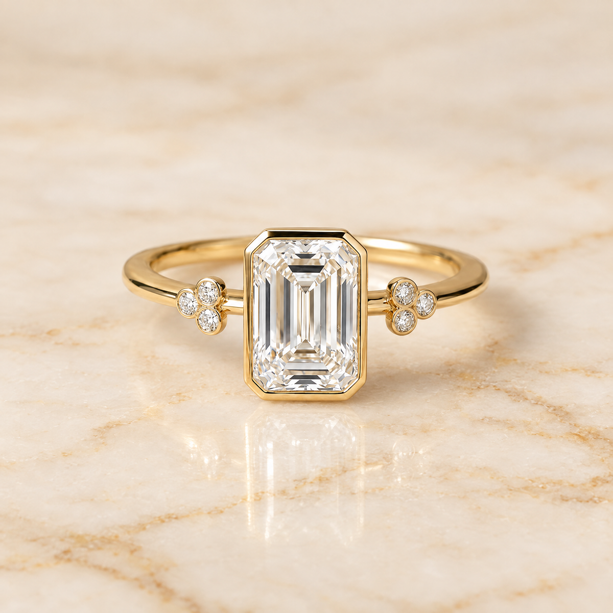 Radiant engagement ring setting in 18K Yellow Gold, Selena Clover Bezel Accent Solitaire Radiant Cut | RockHer