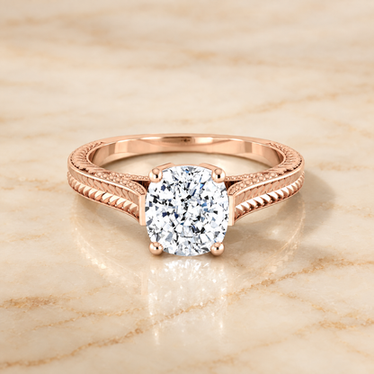 The Aida Hand Engraved Vintage Cathedral Solitaire Cushion Cut Engagement Ring Setting in 14K Rose Gold