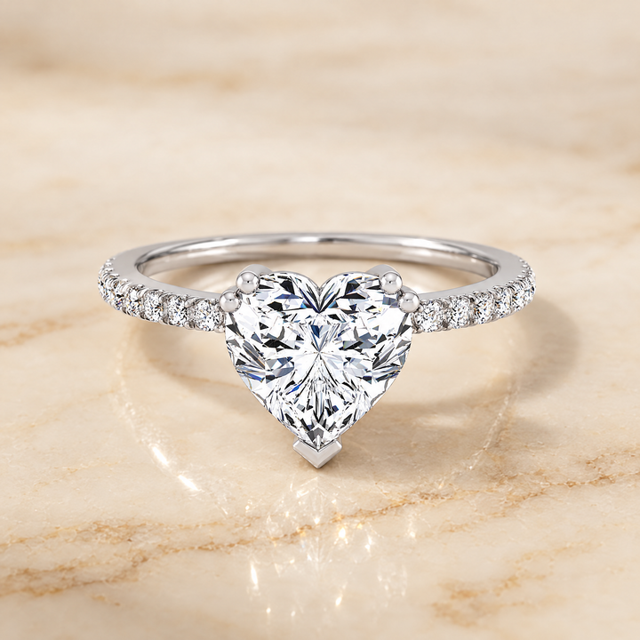 The Kelly Double Claw Prong French Pavé Heart Engagement Ring Setting in 18K White Gold