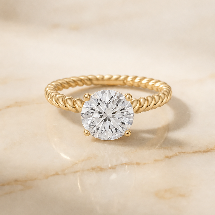 The Charlie Twisted Rope Surprise Stone Solitaire Round Engagement Ring Setting in 18K Yellow Gold