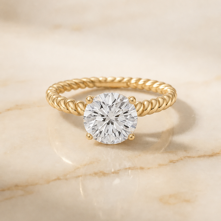 The Charlie Twisted Rope Surprise Stone Solitaire Round Engagement Ring Setting in 18K Yellow Gold