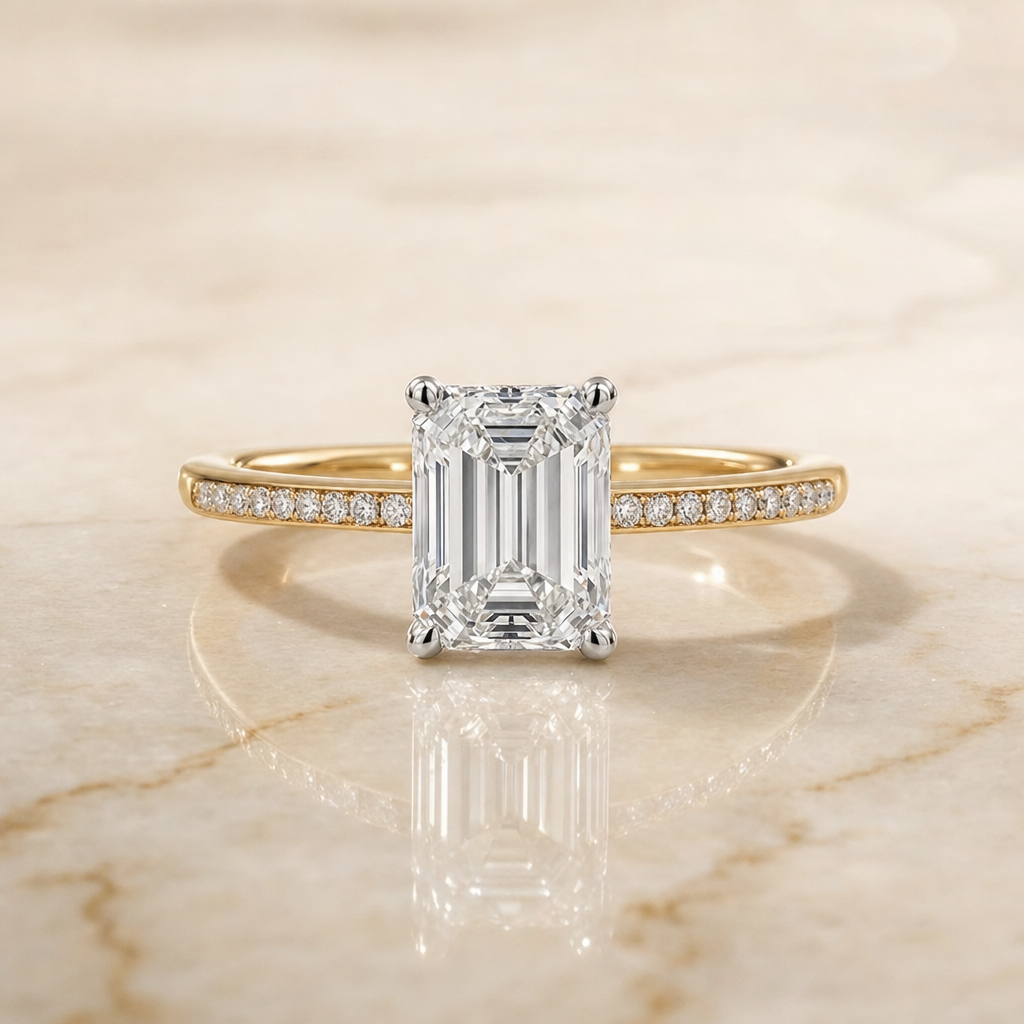 The Brenda High Hidden Halo Solitaire Emerald Cut Engagement Ring Setting in 18K Yellow Gold