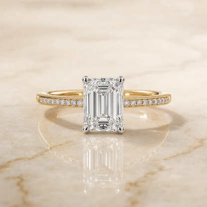 The Brenda High Hidden Halo Solitaire Emerald Cut Engagement Ring Setting in 18K Yellow Gold