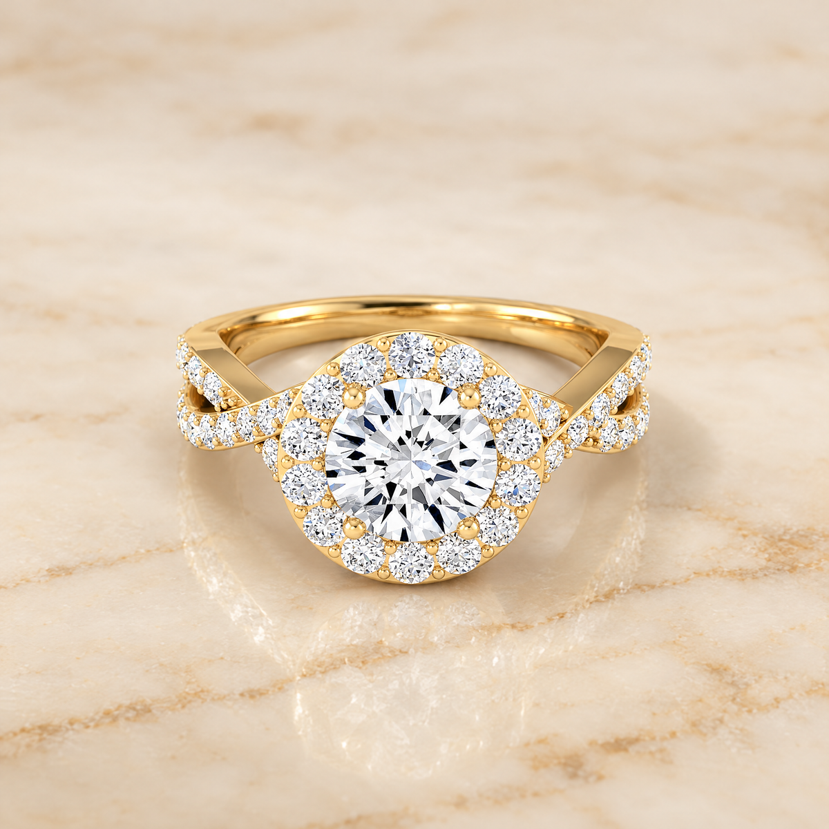 The Melody Twisted Lattice Halo Round Engagement Ring Setting in 18K Yellow Gold