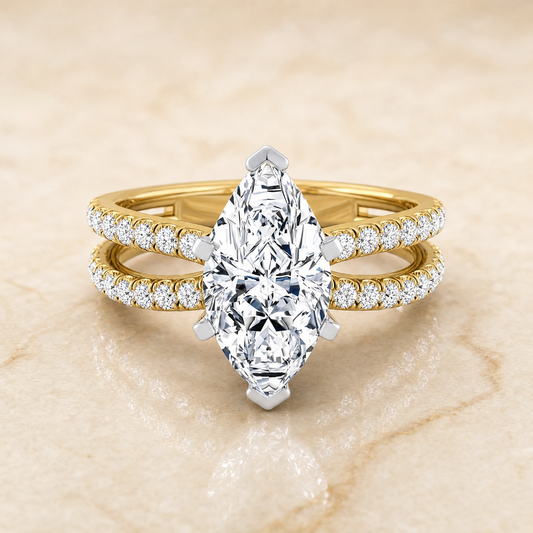 The Carole Two Row Pavé Split Shank Marquise Engagement Ring Setting in 18K Yellow Gold