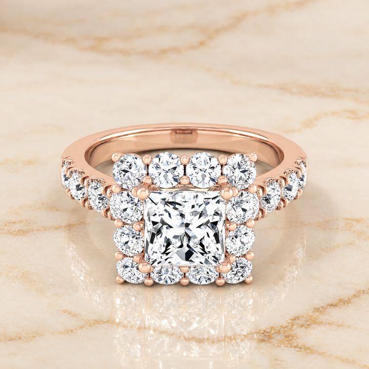 The Alannah Luxe French Pavé Halo Princess Cut Engagement Ring Setting in 14K Rose Gold
