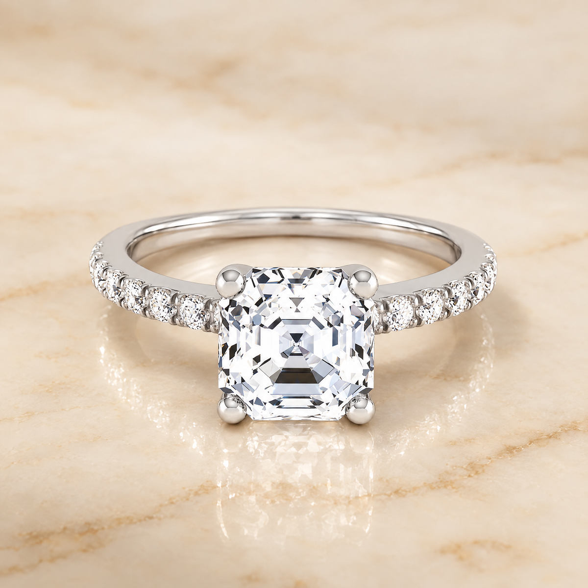 The Norah Classic Linear French Pavé Asscher Cut Engagement Ring Setting in Platinum