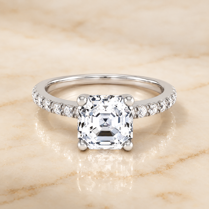 The Norah Classic Linear French Pavé Asscher Cut Engagement Ring Setting in Platinum