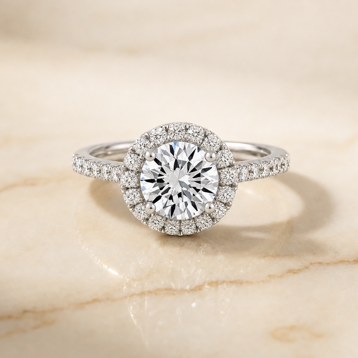 The Dylan Petite French Pavé Halo Round Engagement Ring Setting in 18K White Gold